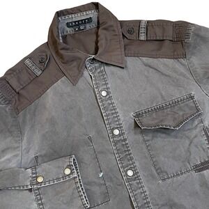 Theory‎ Mens Gray Cotton Snap Button Down Utility Shirt M Military Satin